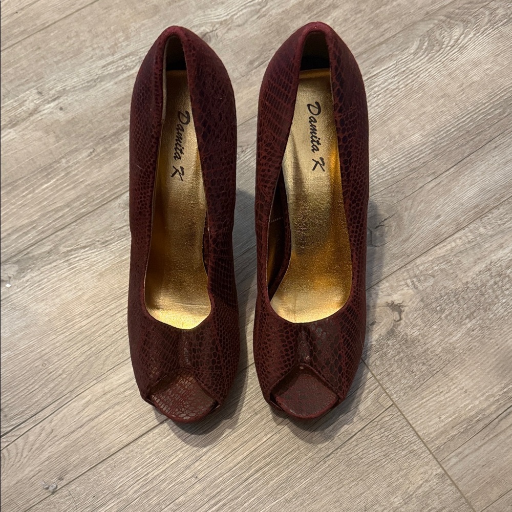 Anita Burgundy Textured Peep Toe Heels